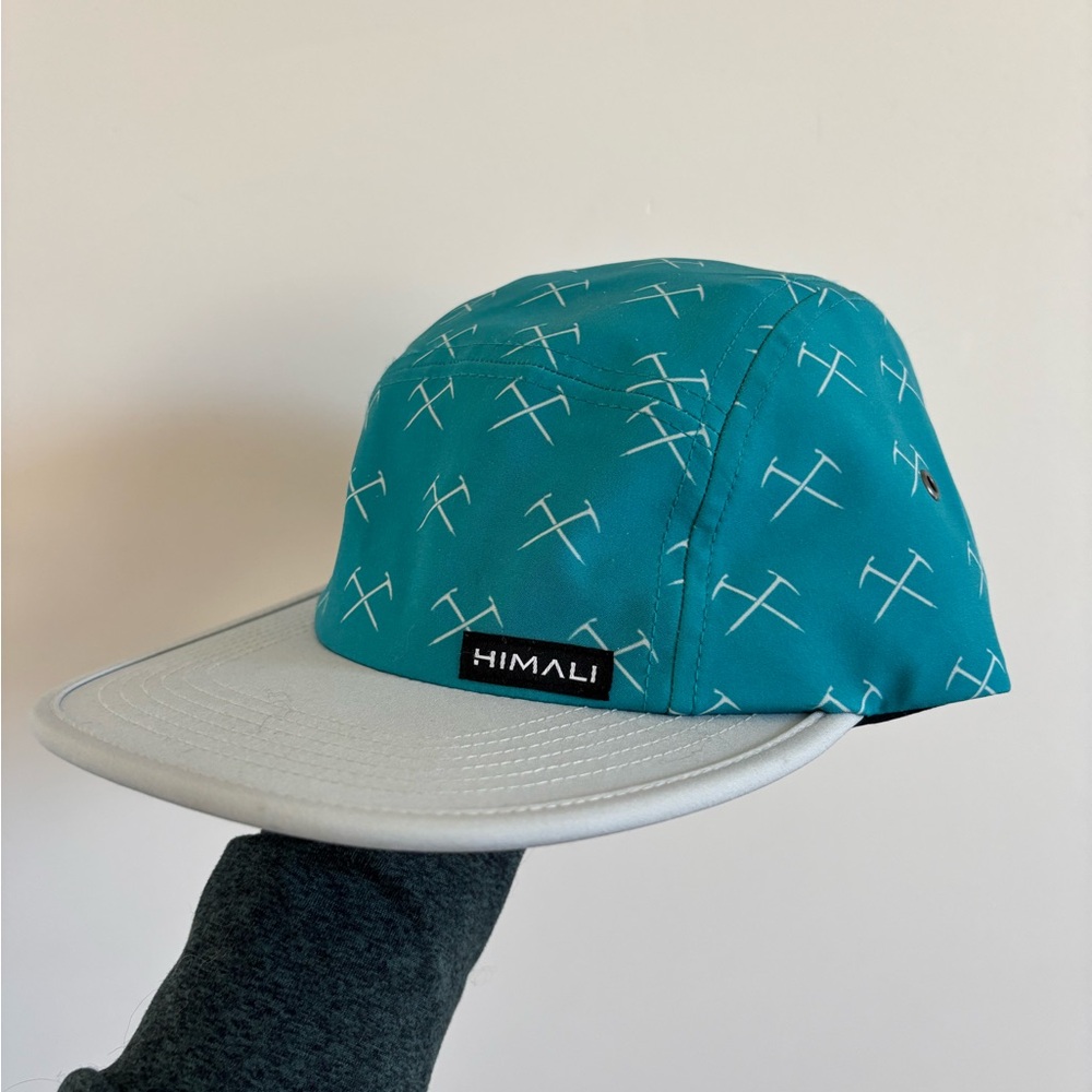 Teal Patterned Five-Panel Hat with Light Gray Brim